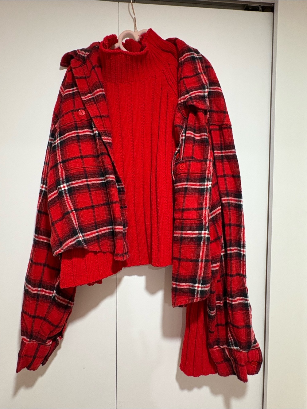 American Eagle Outfitters Red Plaid & Solid Red Knit Sweater Combo